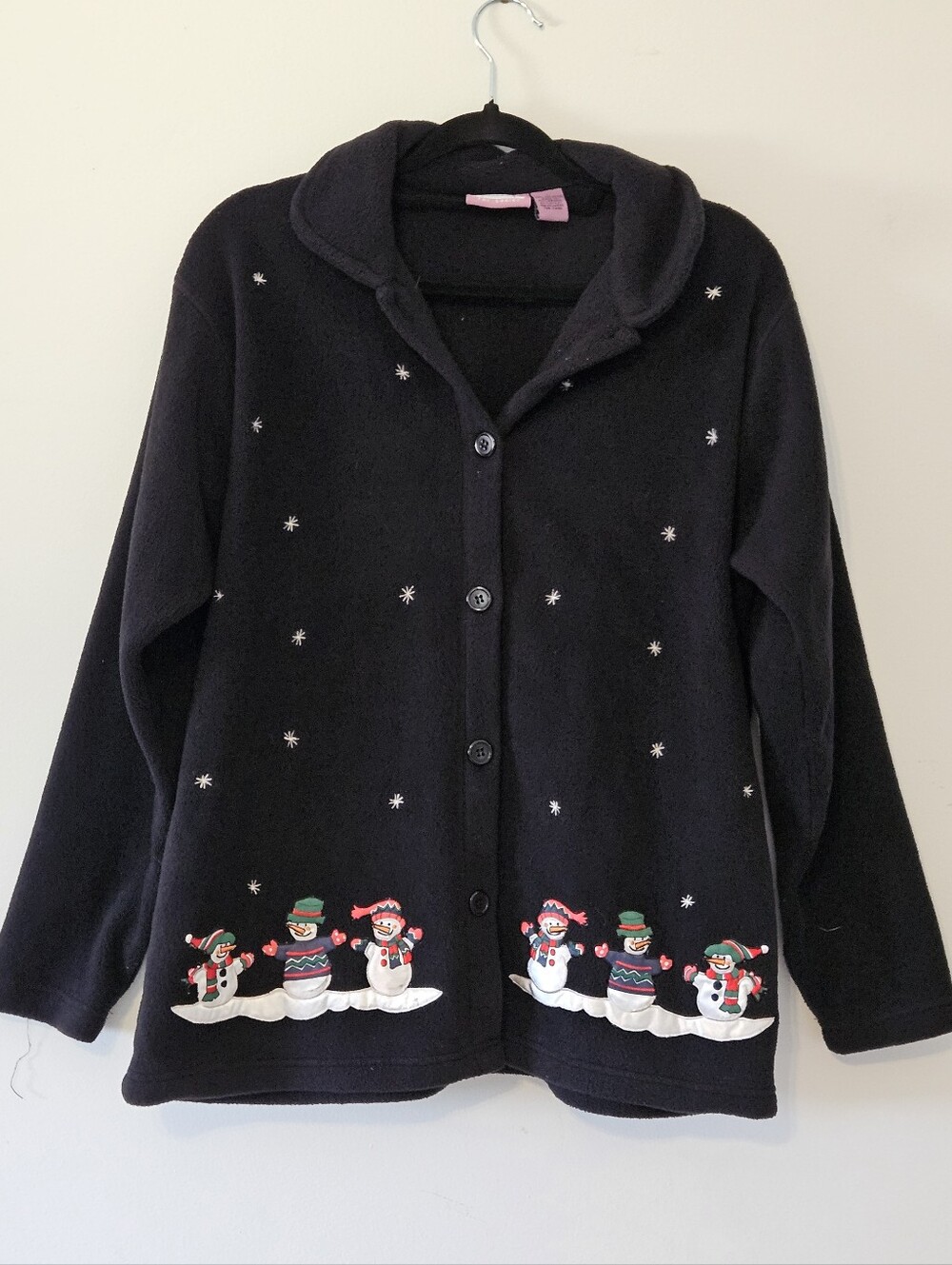 Vintage Black Fleece Button-Down Snowman Embroidered Shirt Jacket